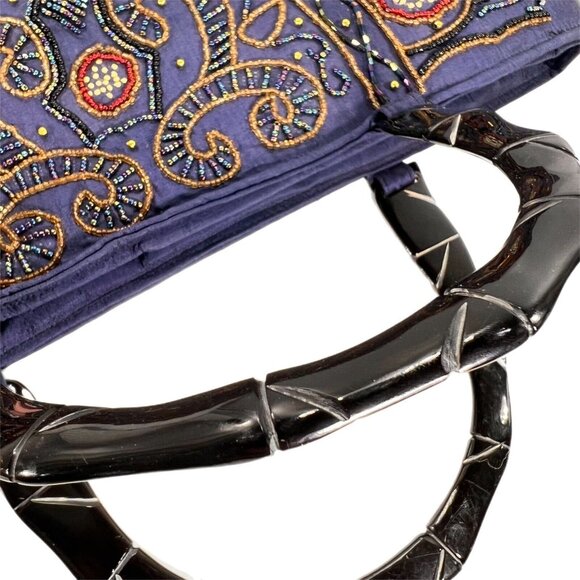 Blue Purple Beaded Purse Handbag Acrylic Bamboo style Handles Unbranded Zipper - Picture 9 of 14